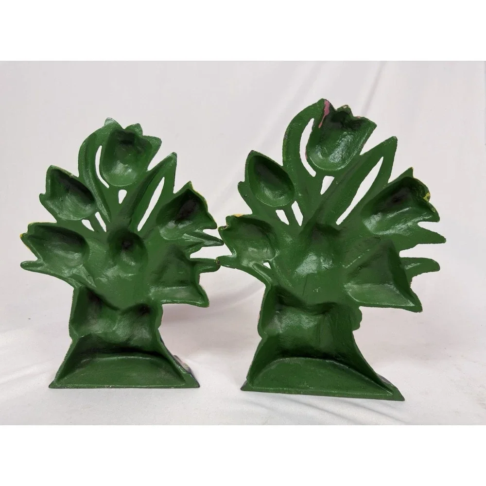 Of 2 Vintage Multicolored Tulips Cast Iron Doorstops Bookends MCM 10